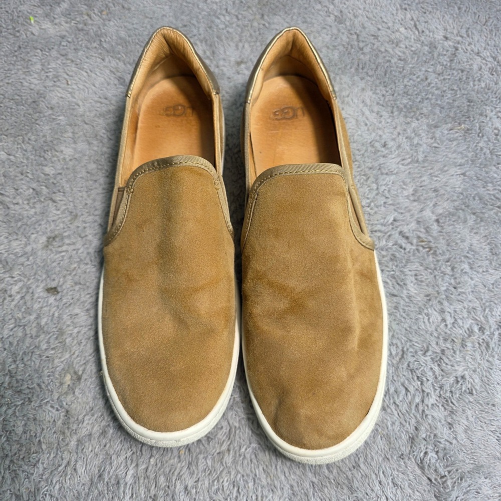 UGG Jass Slip On Sneakers Tan Suede Gold Metallic Women Size 10 Excellent - Picture 2 of 6